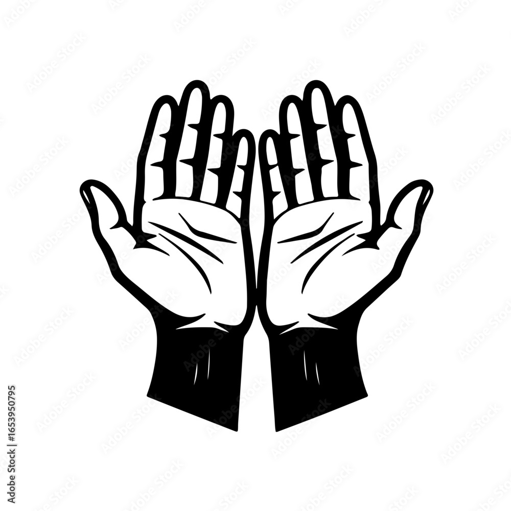 Obraz premium Black and White Poverty Icon: Begging Hand A powerful and poignant vector icon representing poverty, charity, and social inequality. This black and white symbol features a simple