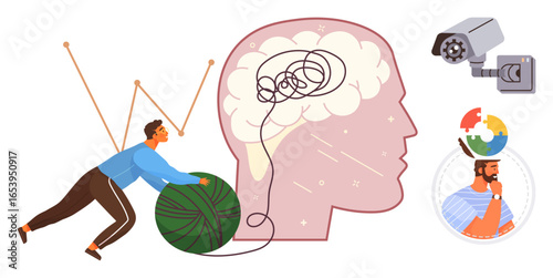 Person rolling green yarn unraveling tangled lines in profile brain, representing mental clarity, thought process, and problem-solving. Ideal for psychology, self-improvement, focus, decision-making