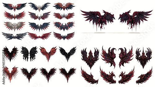 Fantasy gothic wings illustration set featuring red and black feathered designs. Perfect for tattoo art, fantasy games, dark angels, or mythical creature design elements.