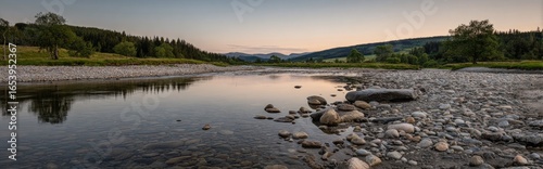Tranquil river reflecting a serene landscape