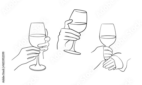Set of 3 female hands with a glass of wine. Girl holds a glass in her hands, continious line drawing. Alcoholic party outline. Vector illustration