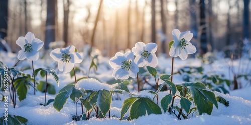 Frost covered hellebores blooming in winter forest.