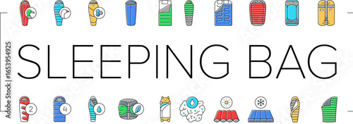 sleeping bag camping hiking icons set vector