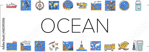 world ocean marine biodiversity icons set vector