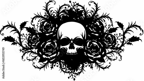 Skull surrounded by roses and thorny vines in a black and white gothic floral arrangement design element silhouette