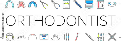 orthodontist accessories braces icons set vector