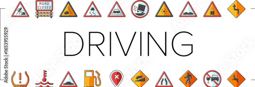 car driving obstacles road icons set vector