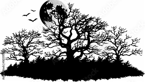 Silhouette of trees under a full moon with bats flying in a spooky halloween night illustration scene