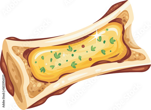Cartoon illustration of a bone marrow dish with herbs and spices.
