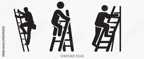 People climbing ladders in different positions and heights safely