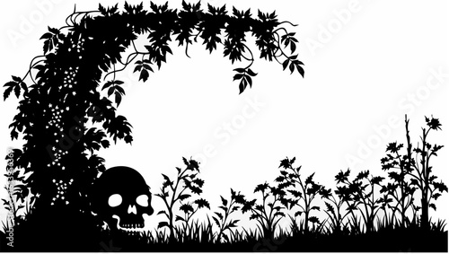 Silhouette of a skull under a vine with leaves and grapes surrounded by plants and grass in black and white