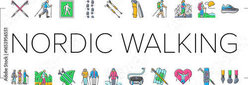 nordic walking exercise outdoor icons set vector