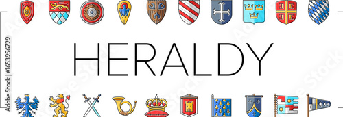 medieval heraldry shield icons set vector