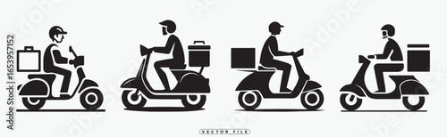 Four delivery riders on scooters with packages in a side view sequence