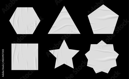 Crumpled white paper sticker vector set with realistic wrinkled labels in square triangle pentagon star and hexagon shapes mockup isolated.