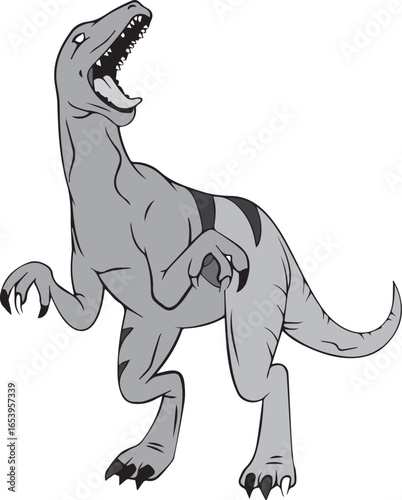 Fierce velociraptor dinosaur roaring with mouth open and claws extended