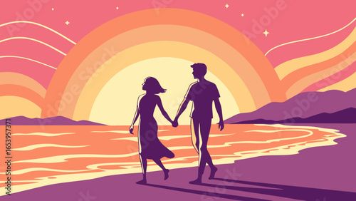 Romantic Couple Walking on Sunset Beach – 3D Painted Lifestyle Vector Illustration