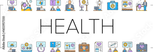 employee health office wellness icons set vector