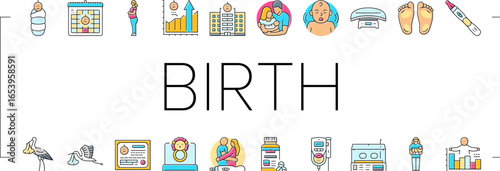 birth pregnancy newborn infant icons set vector