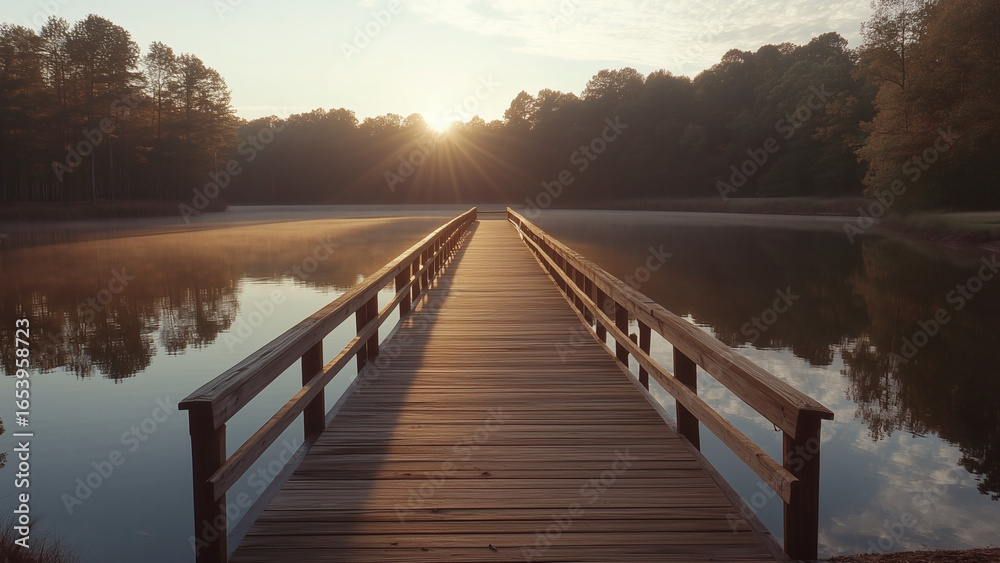 Fototapeta premium Wooden pier extends into a calm mountain lake at sunrise, reflecting the sky and trees in peaceful still water. 