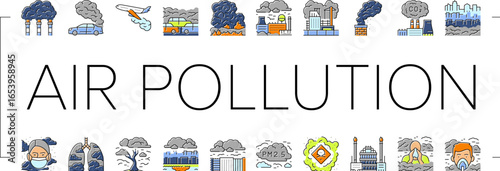 air pollution smog emissions icons set vector