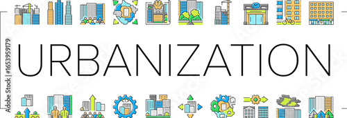 urbanization city development icons set vector