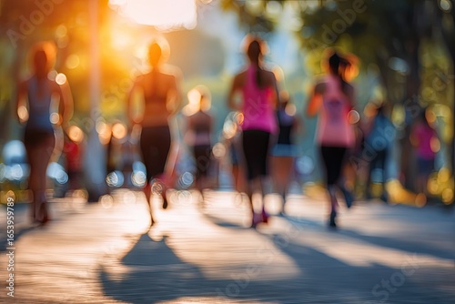 Blurred runners in a park at sunrise