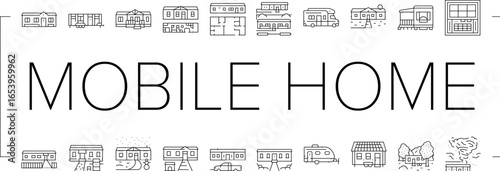 mobile home trailer, camper icons set vector