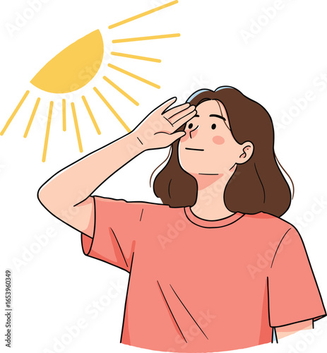 Young woman looking at bright sun with hand shielding eyes, enjoying sunny weather, summer heat, sunshine outdoor lifestyle and warm daylight concept illustration