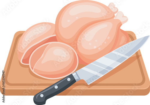 A whole chicken and its cut pieces on a wooden cutting board with a knife.