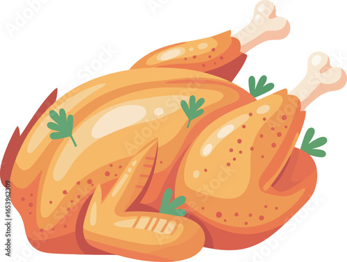 A cartoon illustration of a roasted chicken, complete with crispy skin and fresh herbs.