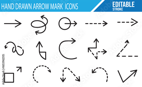Hand-Drawn Arrow Mark Icons Set Featuring Directional, Curved, and Circular Arrows for Navigation and Design