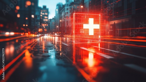 A vibrant city street scene at night, highlighted by a glowing emergency symbol, showcasing a dynamic and futuristic ambiance.