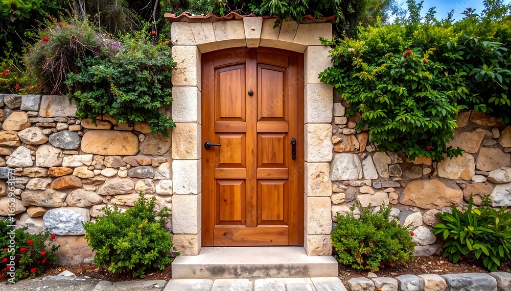 Fototapeta premium Wooden gate in stone wall. Lush greenery