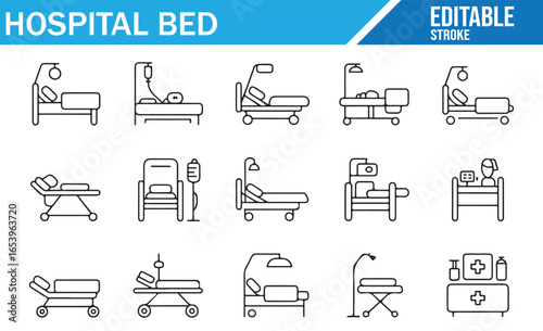 Set of Icons for Medical Beds, Hospital Furniture, and Healthcare Services
