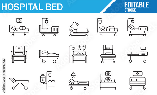 Icons Representing Hospital Beds, Medical Equipment, and Patient Treatment Furniture