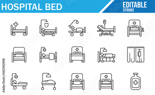 Set of Hospital Bed Icons for Patient Care, Recovery, and Medical Treatment