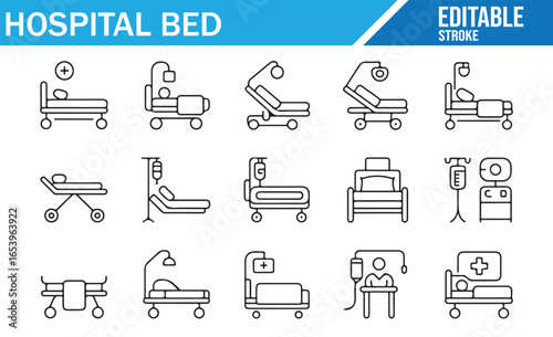 Hospital Bed Icons Set Featuring Adjustable Beds, Medical Equipment, and Patient Care Furniture for Healthcare