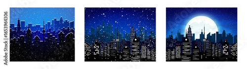 City skyline at night with falling snow and giant moon, modern urban landscape. Flat design illustration for winter background or banner.