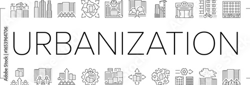 urbanization city development icons set vector