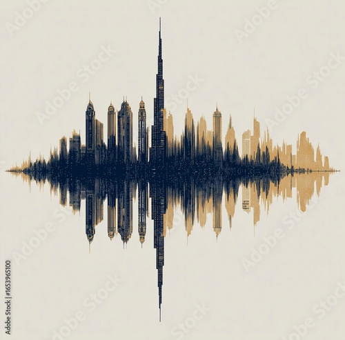 Urban Skyline Sound Wave Art, Symmetrical Reflection Design, Fusion of Architecture & Audio Visualization, Decorative Painting/Creative Design Material