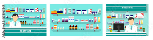 Three flat vector illustrations of a drugstore: a male pharmacist at the counter, shelves with medicine, and a pharmacy interior for healthcare designs.