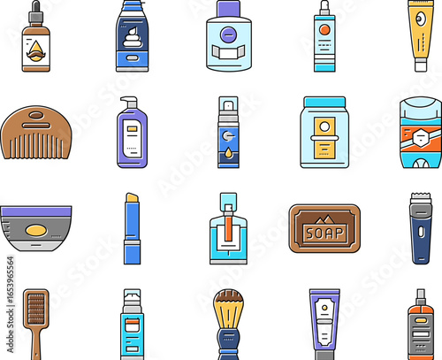 men cosmetic grooming skincare icons set vector