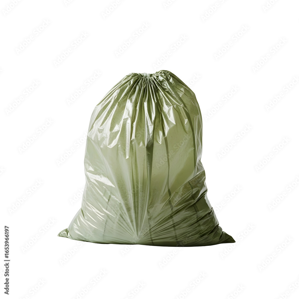 Naklejka premium Isolated green garbage bag full of household waste on a clean white background, ready for disposal.