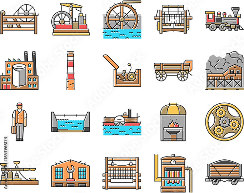 industry 1.0 industrialization icons set vector