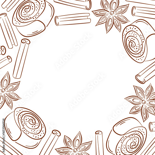 Line art style cinnamon sticks, bun and star anise frame isolated on white background. Spice illustration for recipe design, cafe cards and autumn culinary theme background.