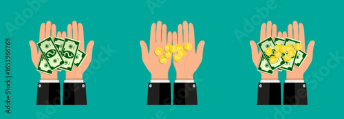 Man hand holding different amounts of cash money and gold coins in a flat style illustration depicting financial concepts.