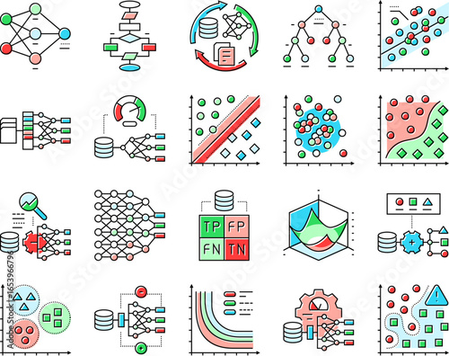 machine learning algorithm model icons set vector