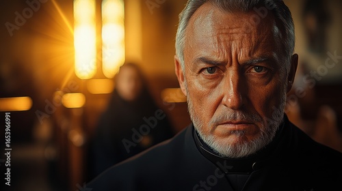 Angry priest with intense facial expression
