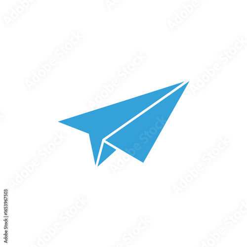 Blue paper airplane flying on a white background.